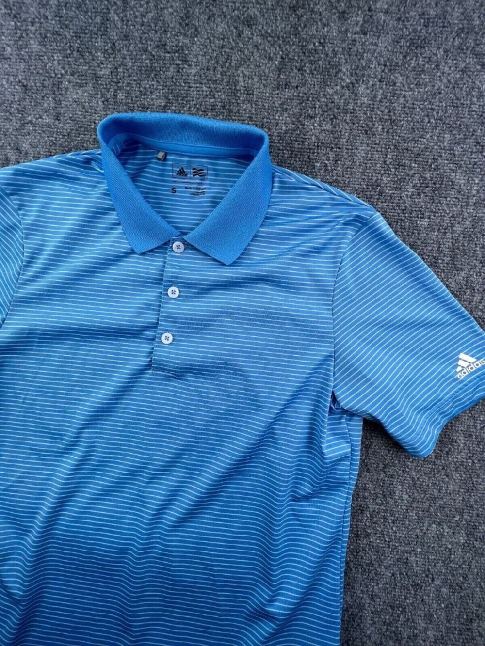 Adidas Golf Polo Shirt Adult Mens Small Blue Striped Short Sleeve Polyester Logo